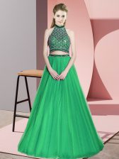  Three Pieces Evening Dress Green Halter Top Tulle Sleeveless Floor Length Lace Up