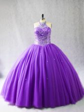 Glittering Purple Sleeveless Tulle Lace Up 15 Quinceanera Dress for Sweet 16 and Quinceanera