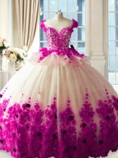 Custom Design Sleeveless Tulle Brush Train Zipper 15th Birthday Dress in Fuchsia with Hand Made Flower
