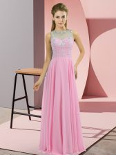 Delicate Floor Length Rose Pink Dress for Prom Chiffon Sleeveless Beading