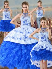 Attractive Blue And White Sleeveless Floor Length Embroidery and Ruffles Lace Up Ball Gown Prom Dress