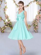  Aqua Blue Empire V-neck Sleeveless Chiffon Knee Length Lace Up Hand Made Flower Quinceanera Court Dresses
