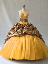 Inexpensive Gold Lace Up V-neck Beading and Pick Ups Quinceanera Dresses Organza Sleeveless Brush Train
