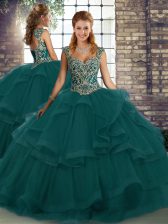 Fine Straps Sleeveless Tulle 15th Birthday Dress Beading and Ruffles Lace Up