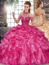 Fantastic Floor Length Fuchsia Vestidos de Quinceanera Organza Sleeveless Beading and Ruffles