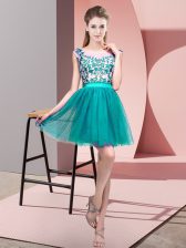 Simple Turquoise Bateau Neckline Lace Dama Dress for Quinceanera Sleeveless Zipper