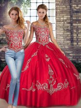 Custom Designed Red Off The Shoulder Neckline Beading and Embroidery 15th Birthday Dress Sleeveless Lace Up