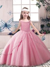 Dazzling Rose Pink Lace Up Pageant Dress for Teens Beading Sleeveless Floor Length