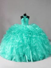 Enchanting Halter Top Sleeveless Organza Quinceanera Dress Beading and Ruffles Brush Train Zipper