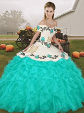 Modern Turquoise Ball Gowns Embroidery and Ruffles Quinceanera Gown Lace Up Organza Sleeveless Floor Length