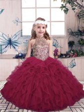  Fuchsia Kids Pageant Dress Party and Military Ball and Wedding Party with Beading and Ruffles High-neck Sleeveless Lace Up