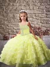 Fashionable Yellow Green Lace Up Straps Beading and Ruffled Layers Custom Made Pageant Dress Organza Sleeveless Brush Train