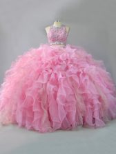 Nice Pink Sleeveless Beading and Ruffles Floor Length Sweet 16 Dresses