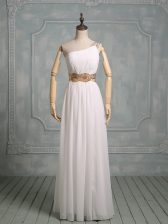  White Chiffon Side Zipper Halter Top Sleeveless Floor Length Prom Evening Gown Beading and Ruching