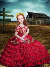  Embroidery and Ruffled Layers Little Girls Pageant Dress Red Lace Up Short Sleeves Floor Length