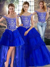  Sleeveless Beading and Lace Lace Up Quinceanera Dresses with Royal Blue Brush Train