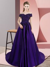 Cute Purple Zipper Off The Shoulder Lace Quinceanera Dress Satin Sleeveless Court Train