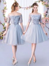 Superior Grey Empire Lace and Belt Quinceanera Court of Honor Dress Lace Up Tulle Short Sleeves Knee Length