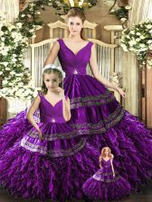 Modern Purple Ball Gowns V-neck Sleeveless Organza Floor Length Backless Beading and Embroidery and Ruffles Quinceanera Gowns