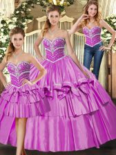  Lilac Lace Up Ball Gown Prom Dress Beading and Ruffled Layers Sleeveless Floor Length