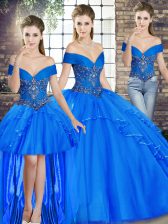 Colorful Floor Length Royal Blue Ball Gown Prom Dress Tulle Sleeveless Beading and Ruffles