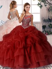  Wine Red Ball Gowns Organza Scoop Sleeveless Beading and Pick Ups Zipper Quinceanera Gown Brush Train