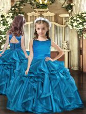  Blue Scoop Neckline Ruffles Kids Formal Wear Sleeveless Lace Up
