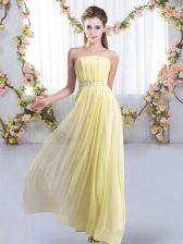Designer Yellow Empire Strapless Sleeveless Chiffon Sweep Train Lace Up Beading Dama Dress