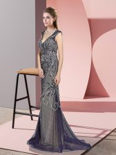 Beauteous V-neck Sleeveless Sweep Train Zipper Prom Party Dress Purple Tulle