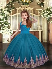 Enchanting Teal Ball Gowns Appliques and Ruching Girls Pageant Dresses Lace Up Tulle Sleeveless Floor Length