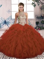  Ball Gowns Quinceanera Gown Rust Red Halter Top Tulle Sleeveless Floor Length Lace Up