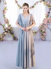 Affordable Chiffon Short Sleeves Floor Length Quinceanera Court of Honor Dress and Belt