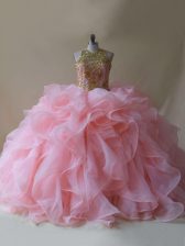 Great Scoop Sleeveless Organza Sweet 16 Quinceanera Dress Beading and Ruffles Brush Train Backless