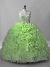 Top Selling Sweetheart Sleeveless Quinceanera Gowns Brush Train Beading Fabric With Rolling Flowers