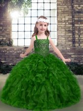 Classical Floor Length Lace Up Little Girls Pageant Dress Green for Party and Sweet 16 and Wedding Party with Beading