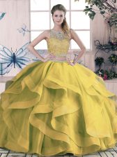  Olive Green Sleeveless Beading and Ruffles Floor Length Vestidos de Quinceanera