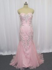  Tulle Sweetheart Sleeveless Brush Train Zipper Beading Prom Party Dress in Pink 