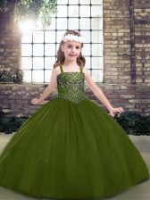  Floor Length Lace Up Kids Pageant Dress Olive Green for Party and Military Ball and Wedding Party with Beading