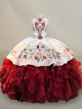 Luxury Red Ball Gowns Organza Halter Top Sleeveless Embroidery and Ruffles Floor Length Lace Up Sweet 16 Dresses