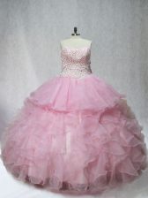 Suitable Floor Length Mermaid Sleeveless Pink Quinceanera Dresses Lace Up