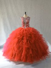 Inexpensive Floor Length Orange Red Quince Ball Gowns Scoop Sleeveless Lace Up