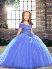  Blue Sleeveless Beading Lace Up Little Girls Pageant Dress