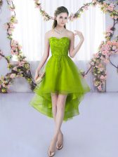 Lovely Olive Green Tulle Lace Up Vestidos de Damas Sleeveless High Low Lace