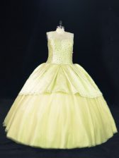  Ball Gowns Vestidos de Quinceanera Yellow Green Scoop Tulle Sleeveless Lace Up