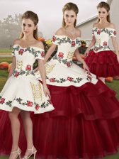 Wine Red Tulle Lace Up 15th Birthday Dress Sleeveless Brush Train Embroidery and Ruffled Layers