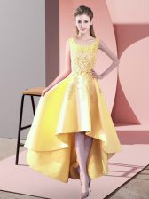  High Low Yellow Vestidos de Damas Satin Sleeveless Lace
