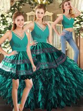  Turquoise Backless V-neck Appliques and Ruffles Vestidos de Quinceanera Organza Sleeveless
