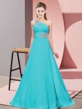 Best Sleeveless Floor Length Lace Up Prom Dresses in Aqua Blue with Beading