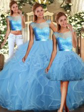 Baby Blue Sleeveless Floor Length Lace and Ruffles Backless Quinceanera Dress