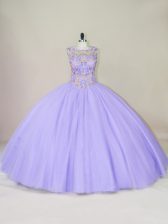 Vintage Scoop Sleeveless Lace Up Quinceanera Gown Lavender Tulle